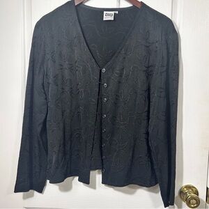 Vintage Johnny Was Embroidered Cardigan Jacket Medium Black Floral Tone On Tone